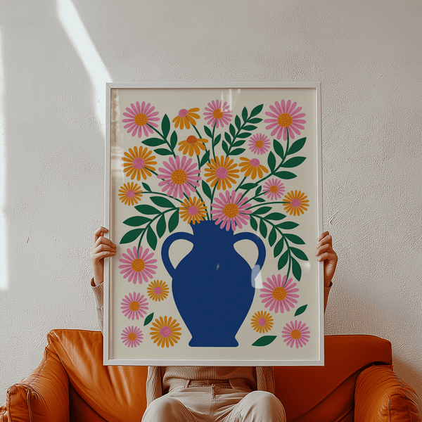 Vase Art Print featuring Green leaves and Orange flowers for hallway poster