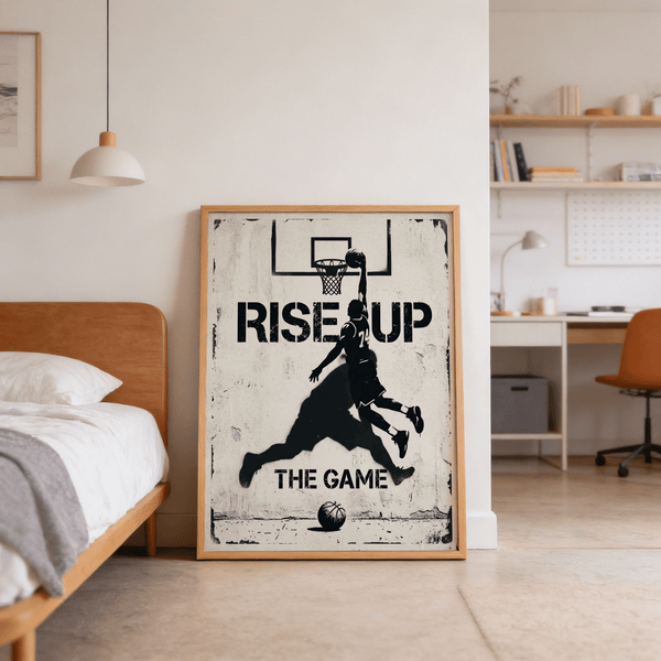 Overhead shot of unframed black and white slam dunk graphic