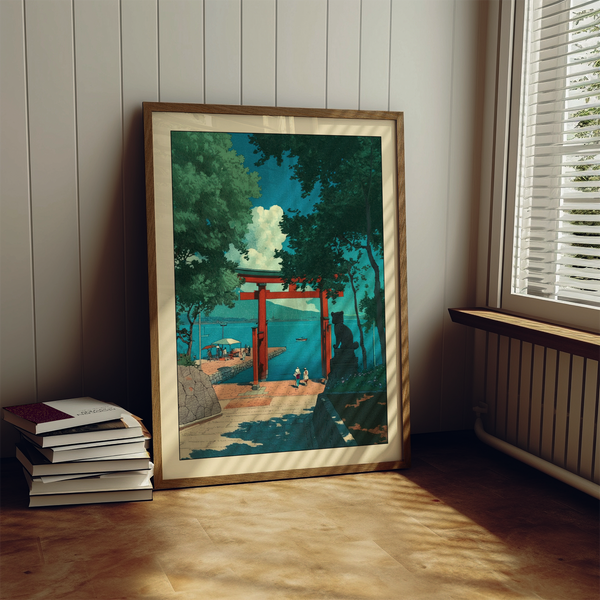 Hasui Kawase woodblock style print showing a torii gate and shoreline