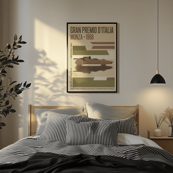 Clean layout racing poster print with central motif car silhouette and footer line text