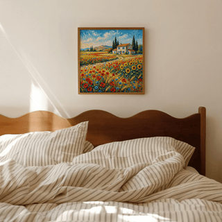 Blue, red, and yellow Vibrant Countryside Wall Art for the living room