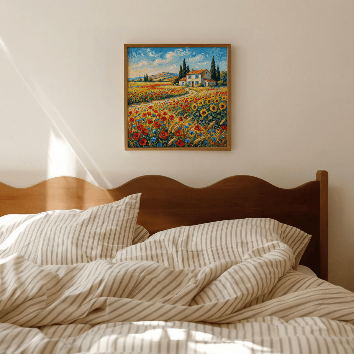 Blue, red, and yellow Vibrant Countryside Wall Art for the living room