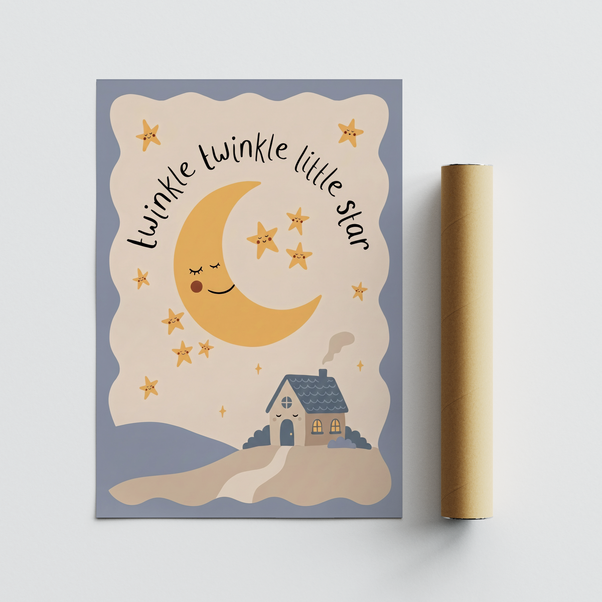 Minimal bedtime scene poster with moon, arched text, and small house