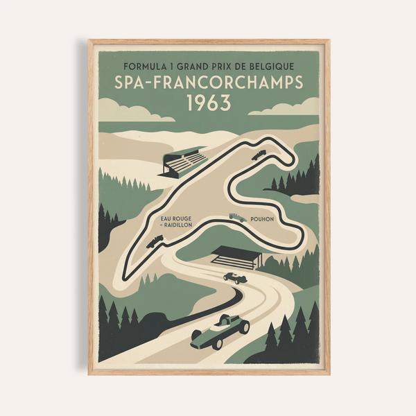 Featuring Spa Francorchamps Art Print poster with circuit map and 1963 text