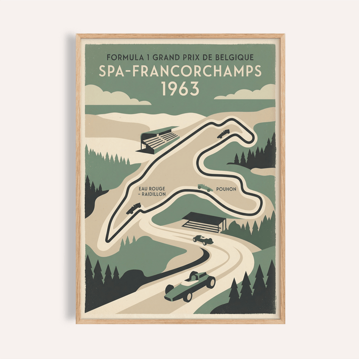 Featuring Spa Francorchamps Art Print poster with circuit map and 1963 text