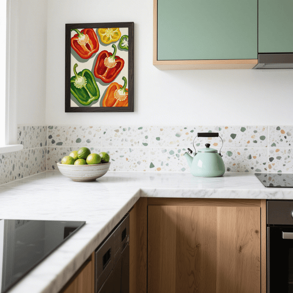Modern kitchen adorned with Colorful Bell Pepper Print in bright hues