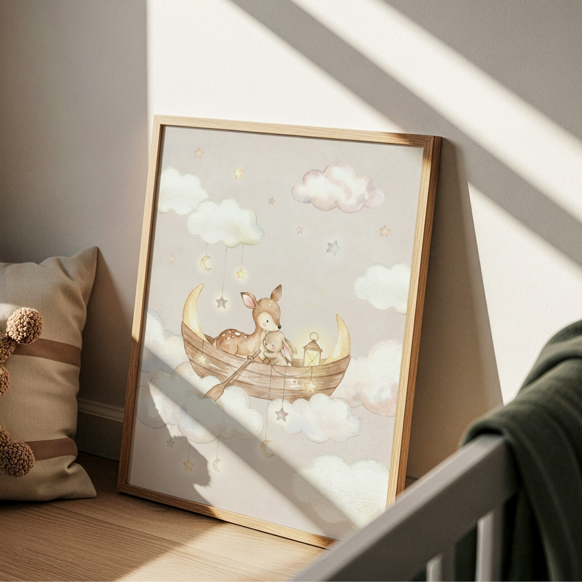 Whimsical wall art print showing a deer cuddling a bunny in a boat with moon and star garlands