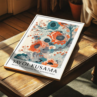 Bold teal and orange wall art print with Kusama-inspired flower textures