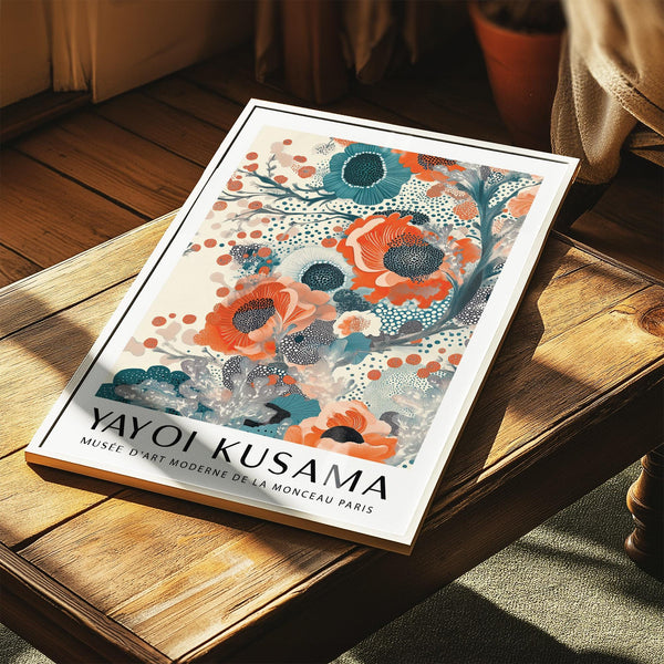 Bold teal and orange wall art print with Kusama-inspired flower textures