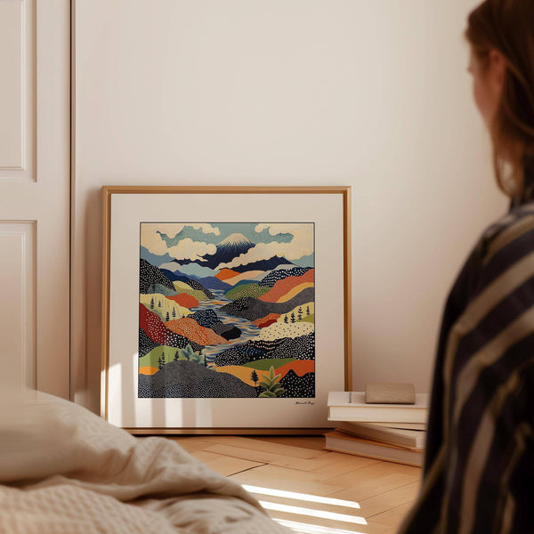 Unique Japanese art prints featuring rolling hills and rivers