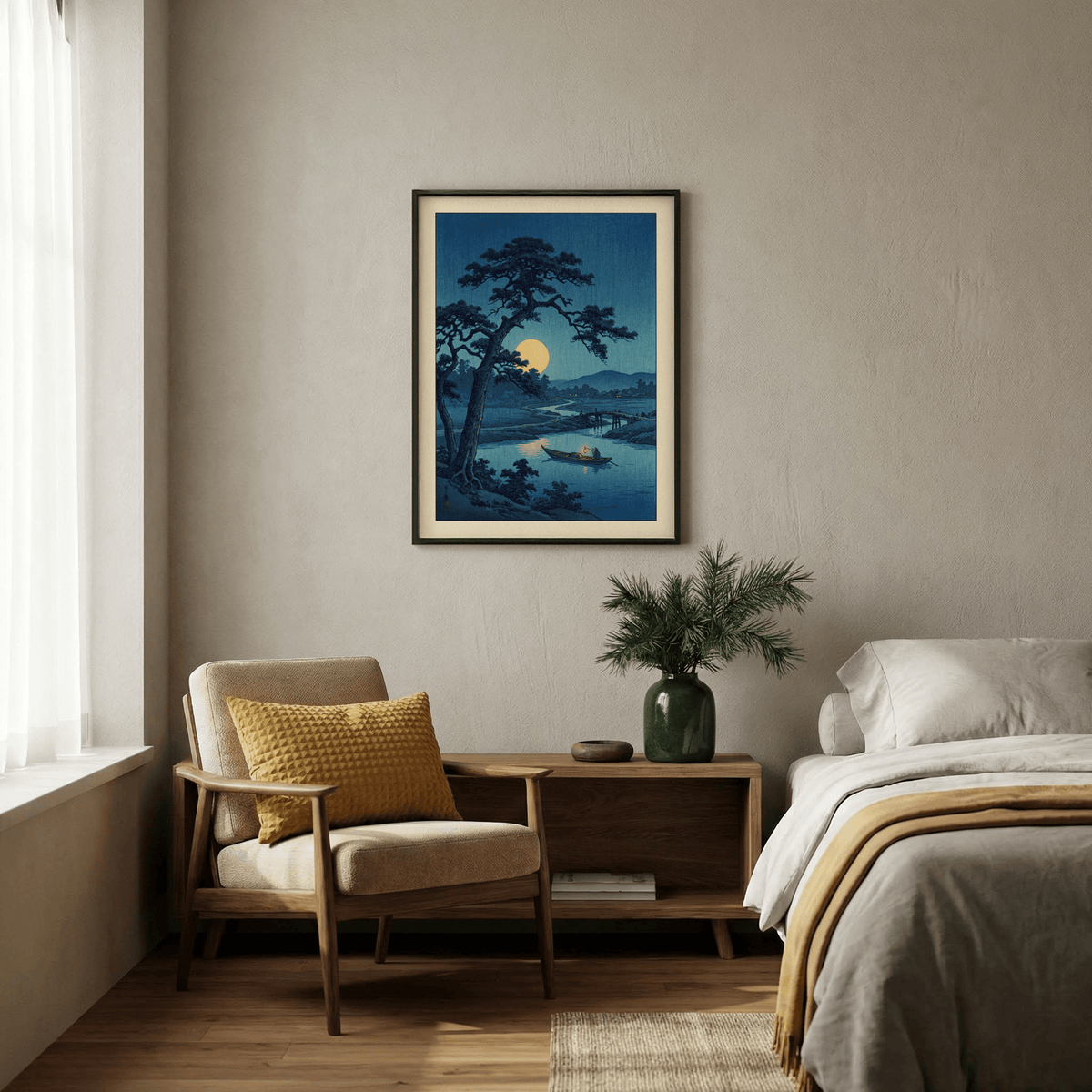 Calm nighttime landscape poster with full moon, bridge, and boat on water
