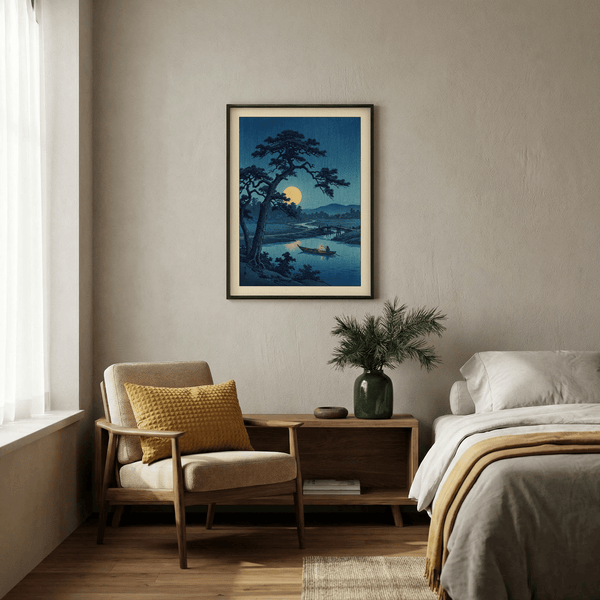 Calm nighttime landscape poster with full moon, bridge, and boat on water