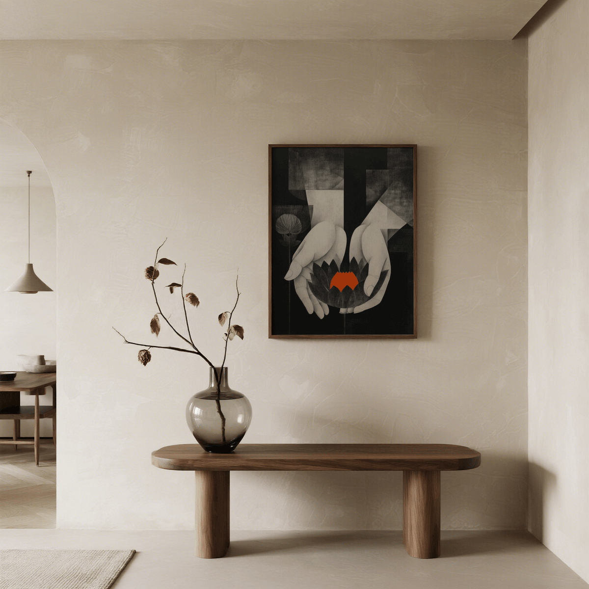 Layered geometric hands and lotus wall art print, Padma Wall Art in grayscale with orange center