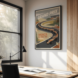 Retro racing print poster with GRAND PRIX headline and Monza October 1968 text