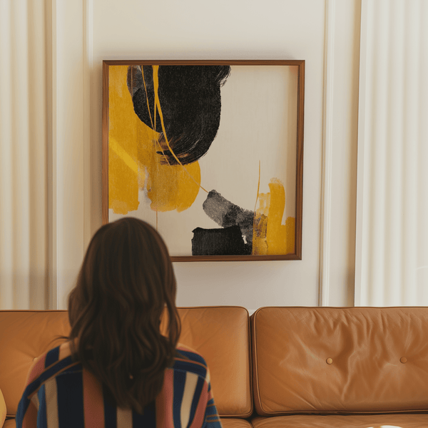 Abstract Black and Yellow Art print with expressive brushwork for bedroom
