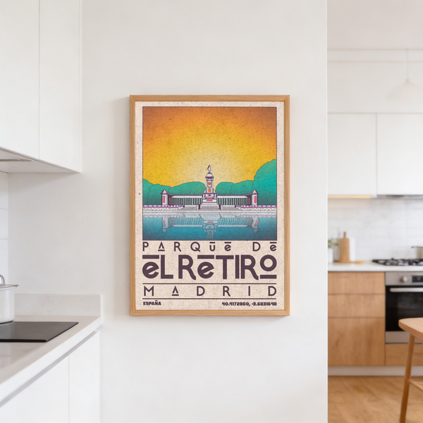 Minimal travel wall art print of Madrid park monument with steps, railing, and reflection in water