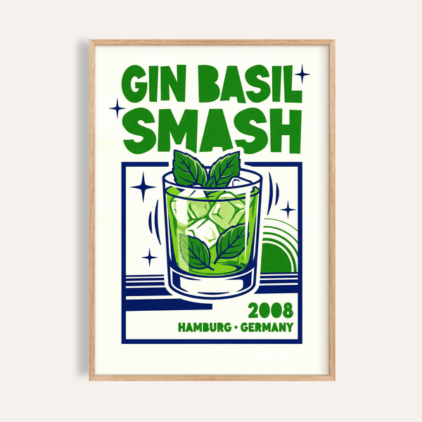 Gin Basil Smash Poster with Green and Blue art for kitchen wall art