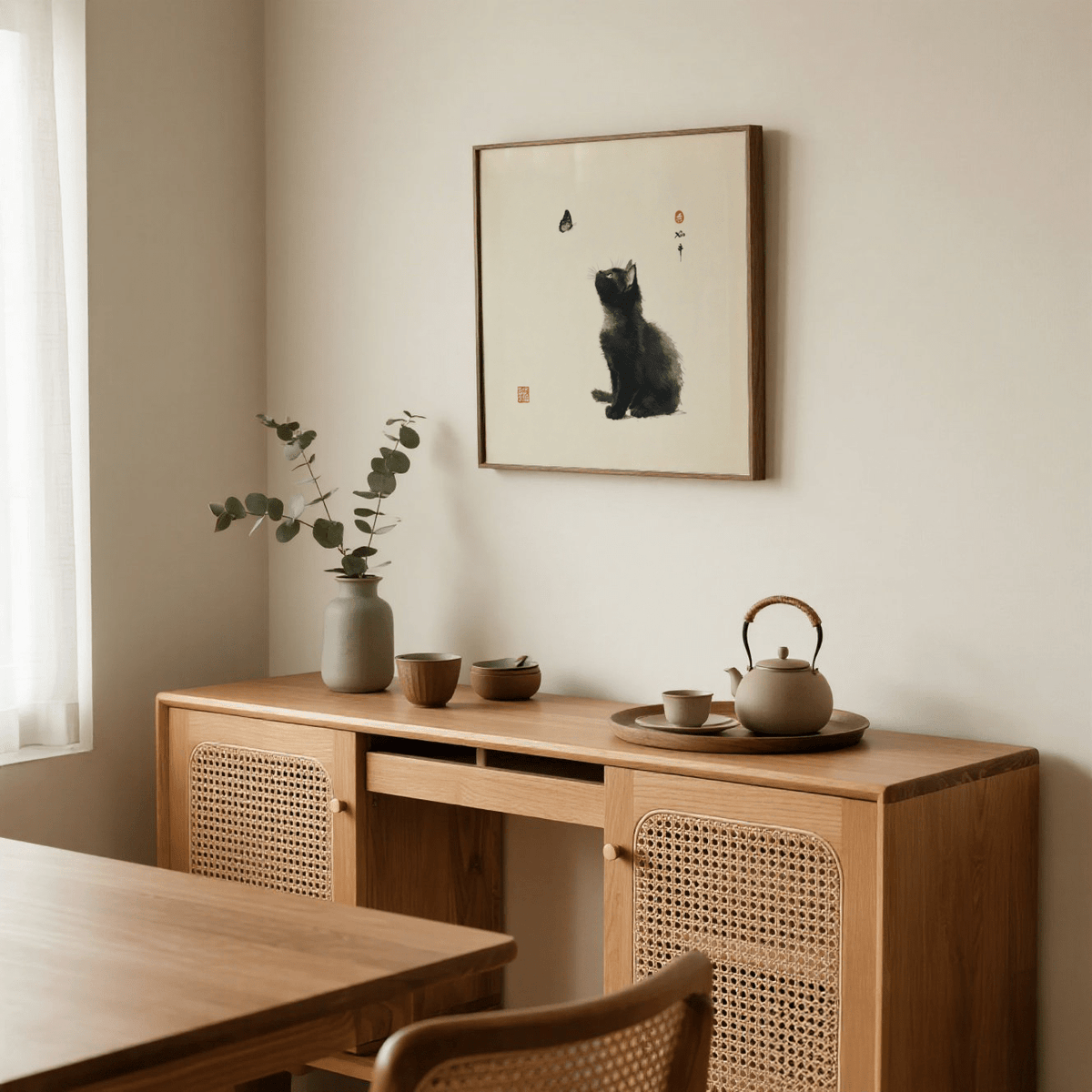 Butterfly Cat Poster in Gray and White, perfect for living room decor