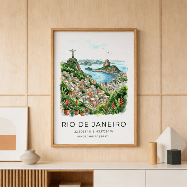 Illustrated Rio De Janeiro Art Print poster showing hillside homes and Guanabara Bay