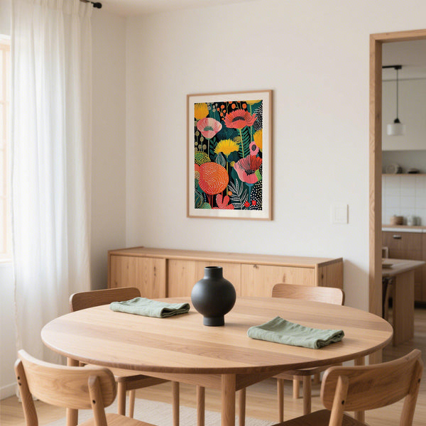 Wall art flower print in a living room setting, showcasing bold contrast and floral vibrance.