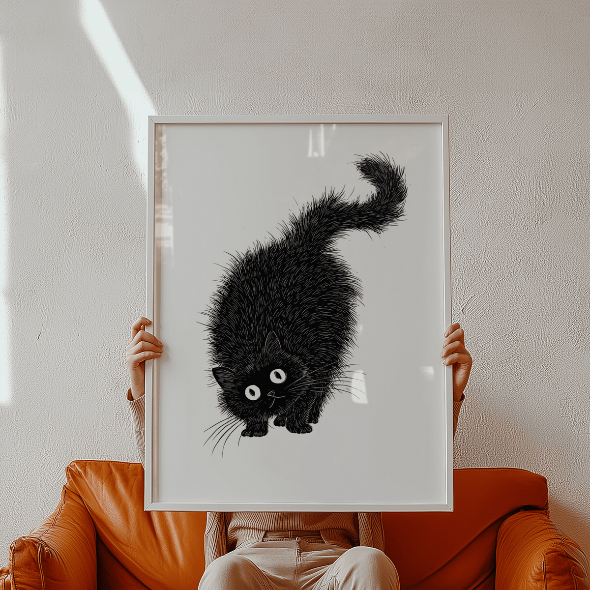 Arched Back Cat Print Black and White, bedroom poster wall art