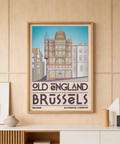 Illustrated Brussels city poster print with Old England facade, arched windows, and tower detail
