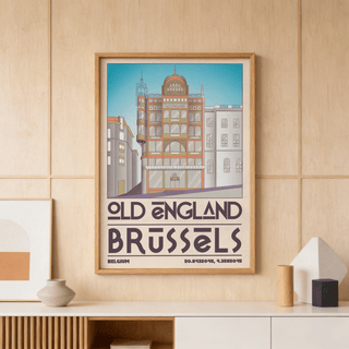 Illustrated Brussels city poster print with Old England facade, arched windows, and tower detail