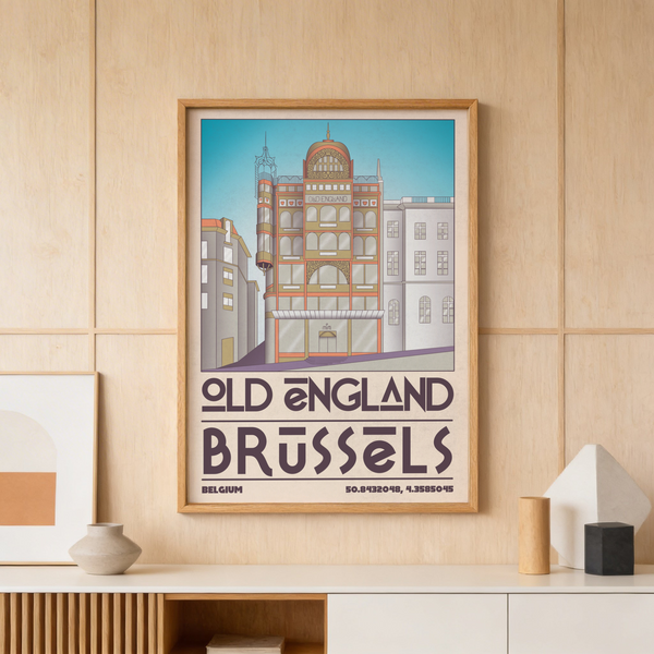 Illustrated Brussels city poster print with Old England facade, arched windows, and tower detail