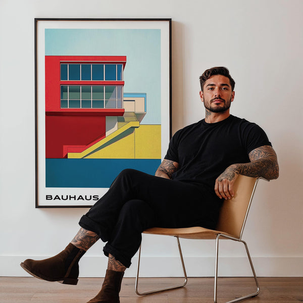 Modernist wall art with mid century modern art prints aesthetic in red, blue, and yellow.