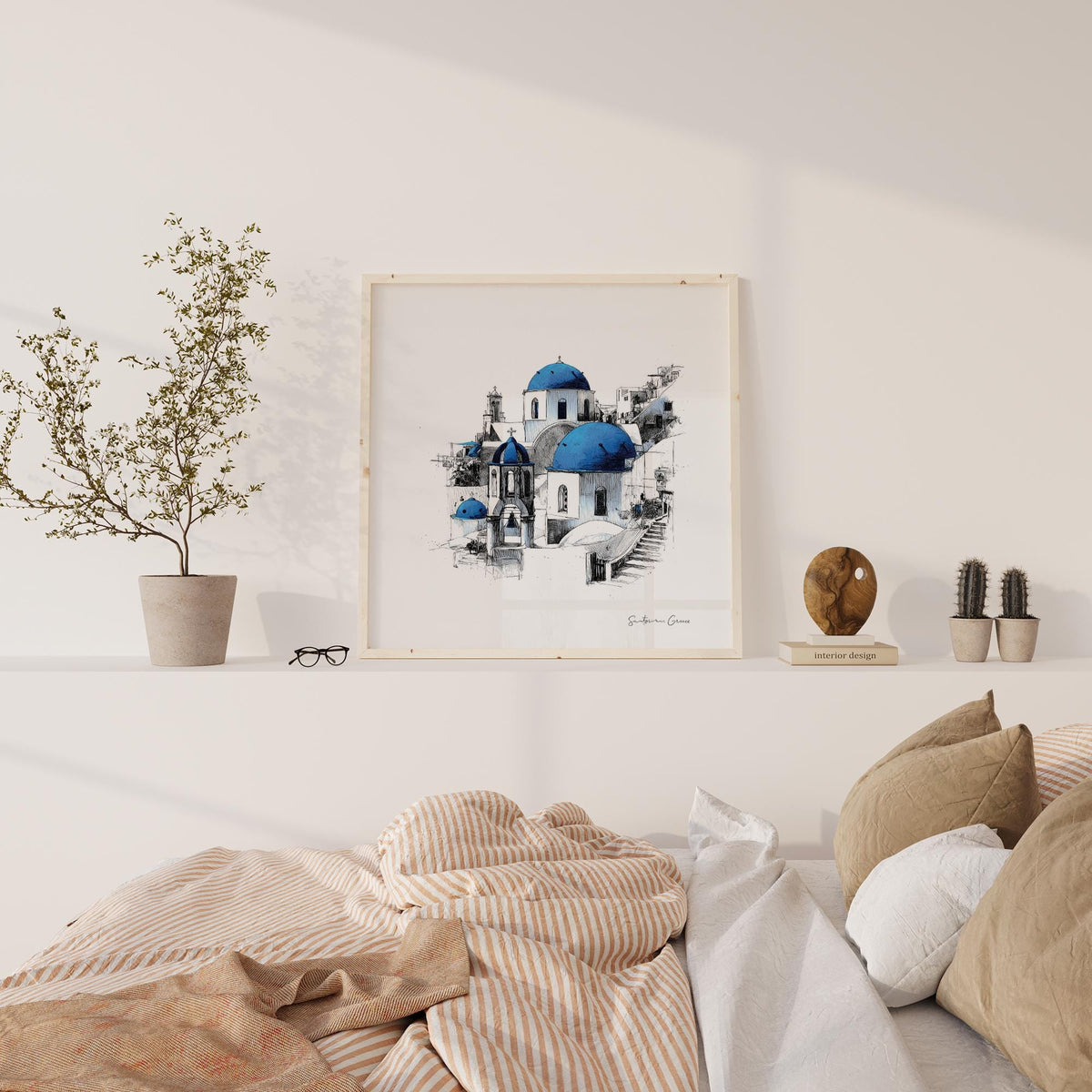 Santorini wall art square illustration of bell tower and domes