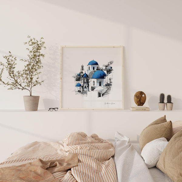 Santorini wall art square illustration of bell tower and domes