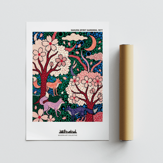 Japanese-inspired garden poster with flowering trees, petals, and layered patterned background