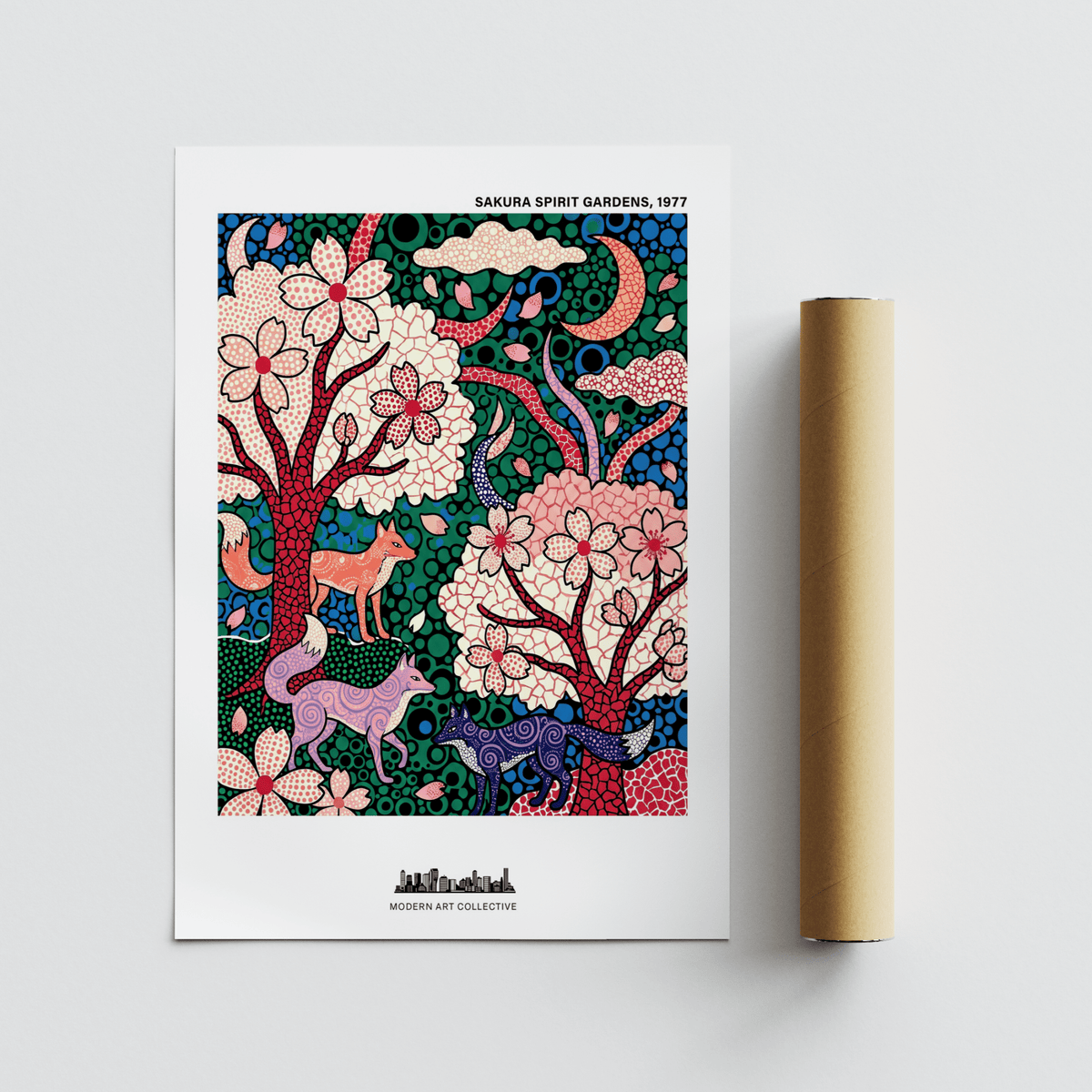Japanese-inspired garden poster with flowering trees, petals, and layered patterned background