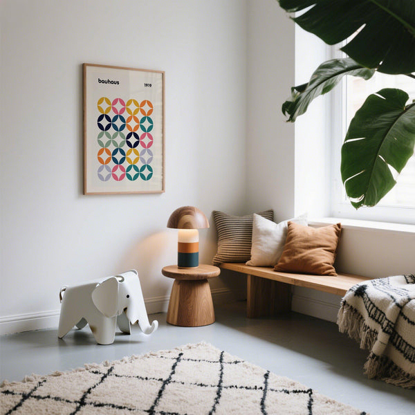 Stylish colorful wall art office print with modern retro appeal and clean lines.