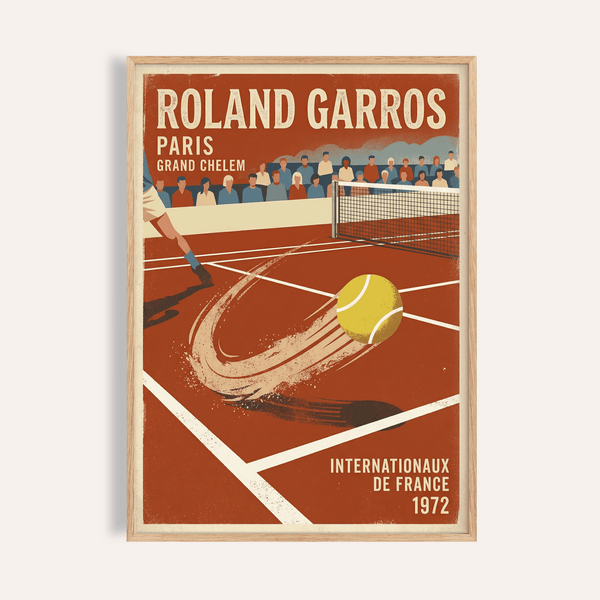Roland Garros Art Print poster showing clay tennis court, net, and large tennis ball