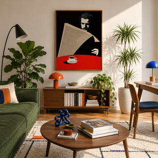 Editorial-style Man reading a newspaper wall art print with coffee cup motif and flat color blocks