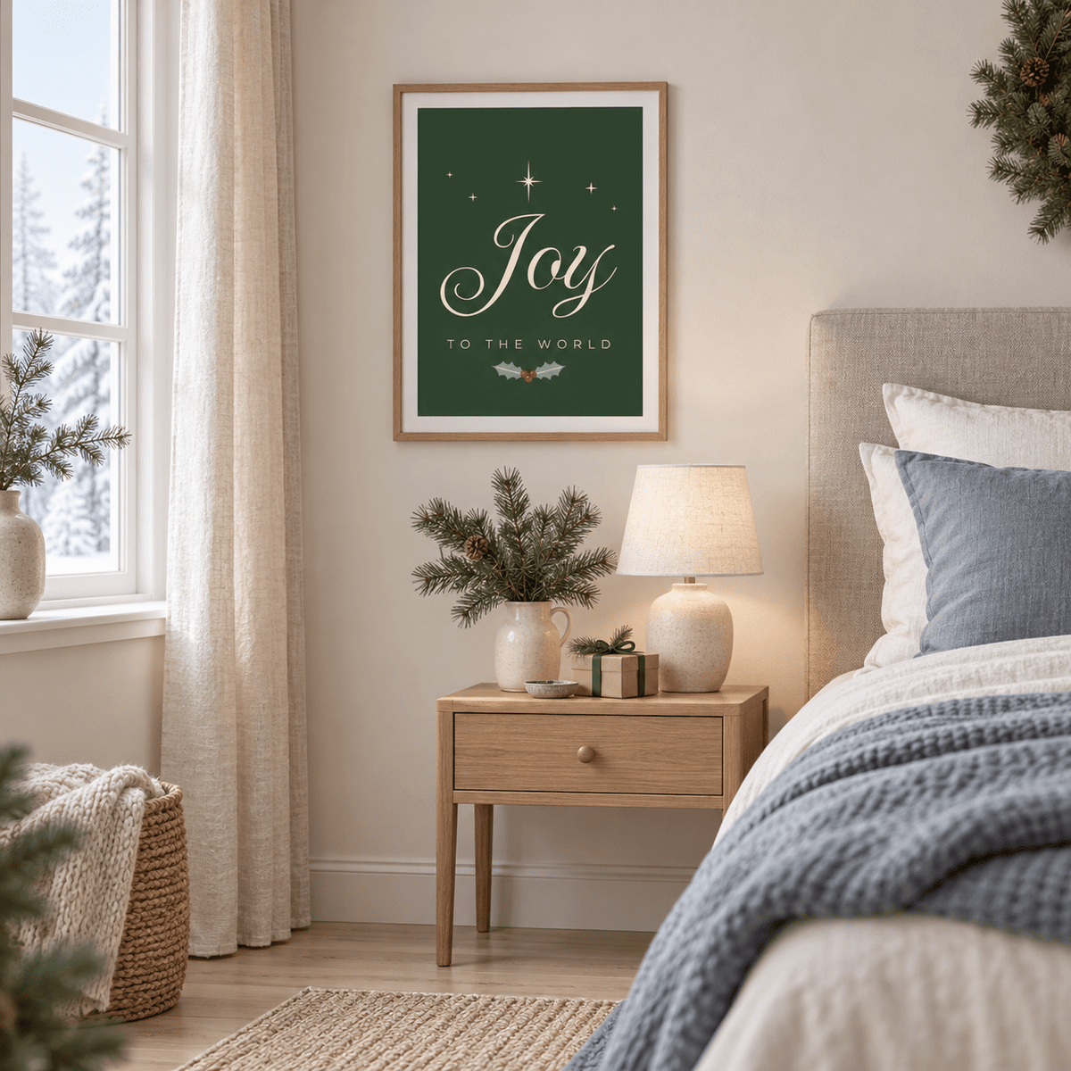 Green and cream Christmas print above a bedside table in a calm bedroom