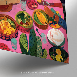 Mexican decor print for kitchen featuring cactus, fruit bowls, and colorful plates
