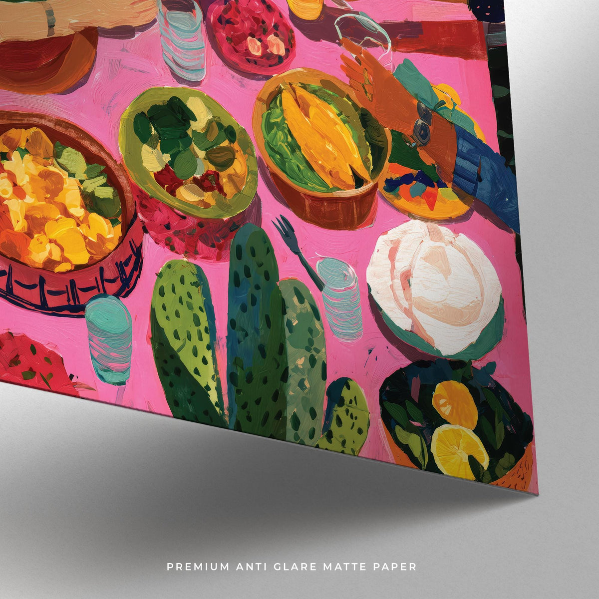 Mexican decor print for kitchen featuring cactus, fruit bowls, and colorful plates