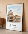 Minimal travel poster print showing the Colosseum and location coordinates