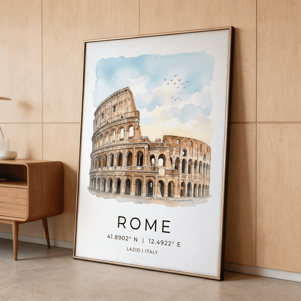 Minimal travel poster print showing the Colosseum and location coordinates