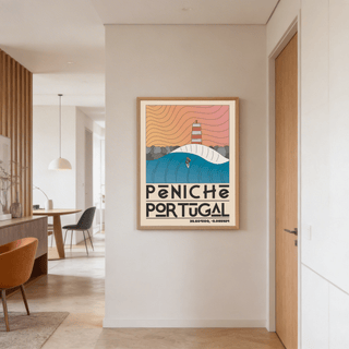 Zoomed view of balustrade detail and blue water on travel poster