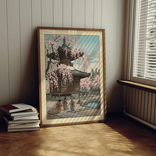 Foreground detail of three kimono-clad children and a small ball on a Japanese style poster print