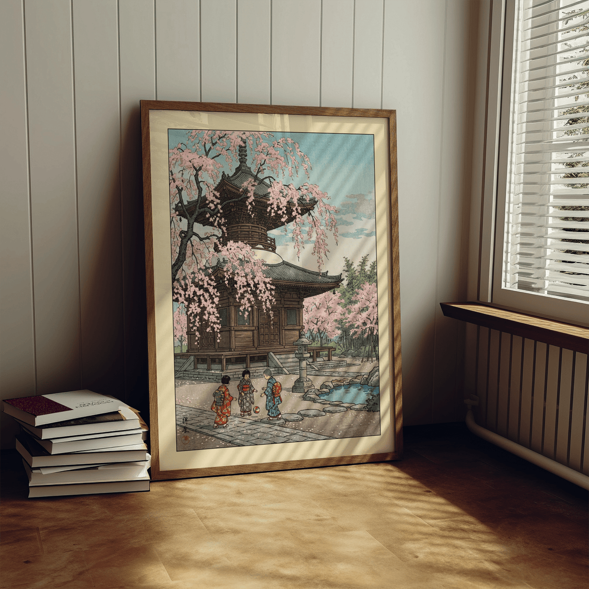 Foreground detail of three kimono-clad children and a small ball on a Japanese style poster print