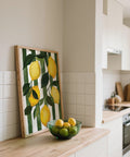Kitchen wall Lemon Painting featuring bold yellow lemons and dark green leaves.