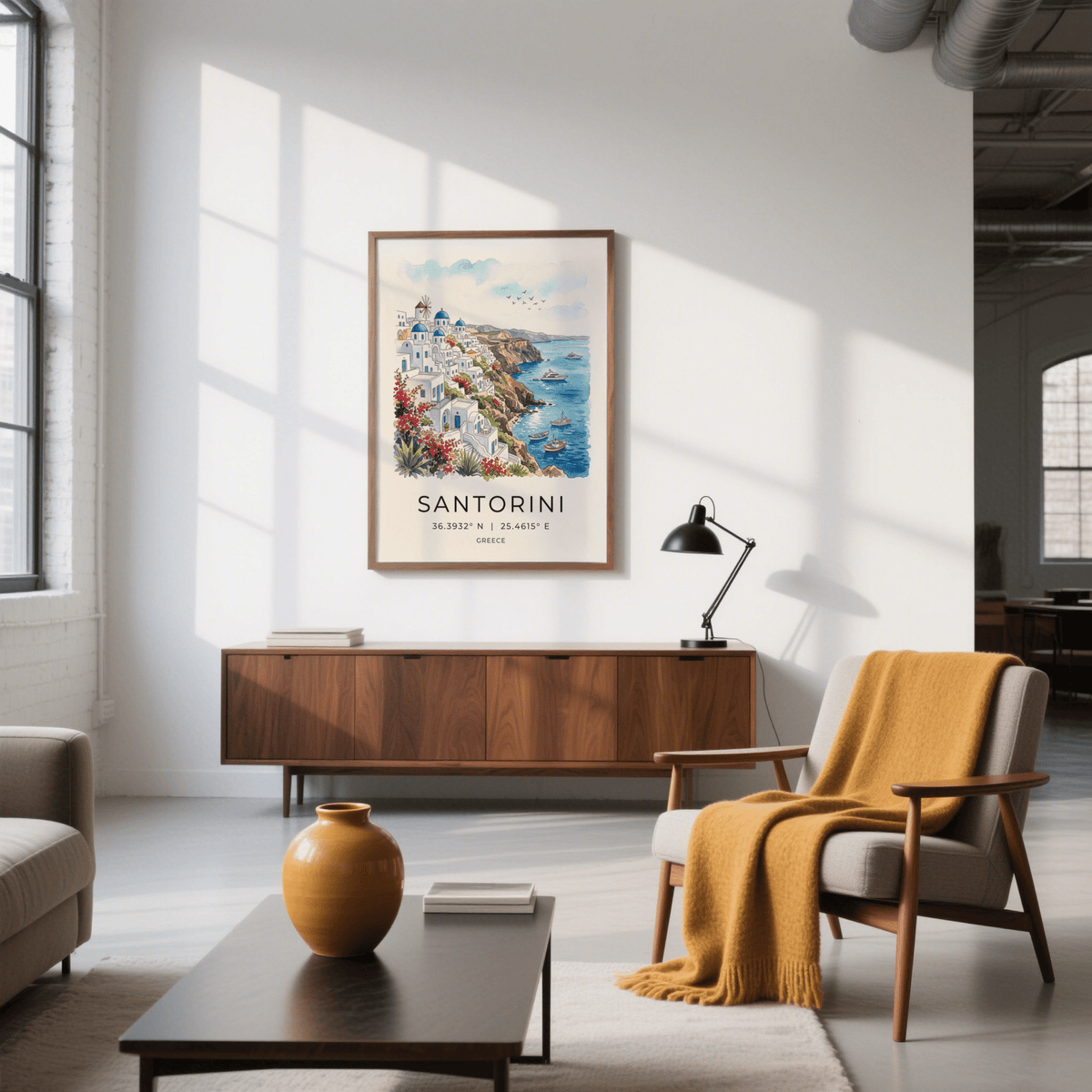 Greek island poster print showing boats on blue water and stepped buildings