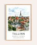 Illustrated Tallinn old town poster with towers and church spire wall art print