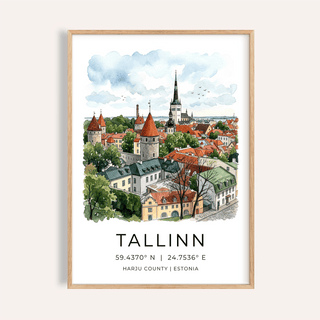 Illustrated Tallinn old town poster with towers and church spire wall art print