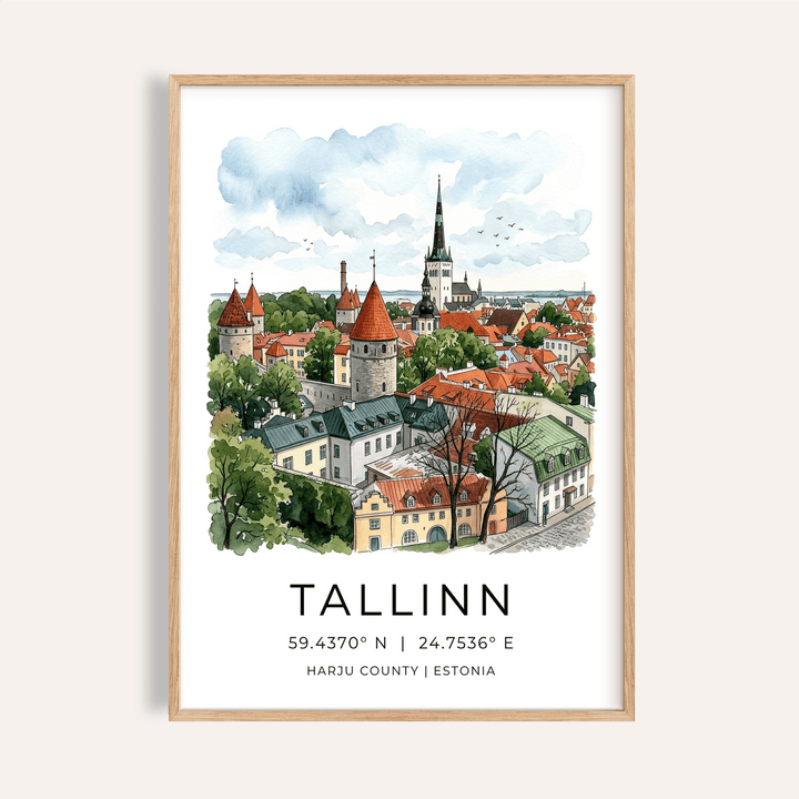 Illustrated Tallinn old town poster with towers and church spire wall art print