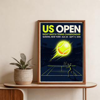 Depicting a retro sports wall art poster of a tennis rally on court with two player silhouettes and motion streaks